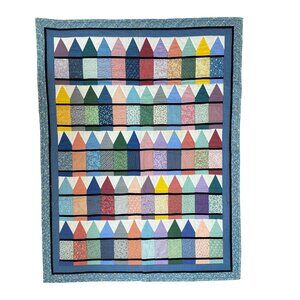 Handmade Patchwork Quilt With Colorful Pencil Design & Floral Backing